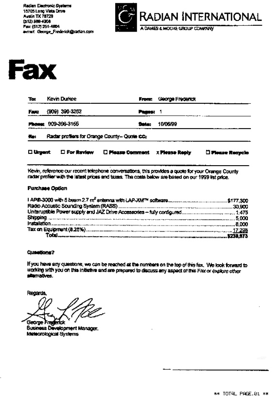 Cost Proposal for the Purchase of an Upper-Air Radar Wind Profiler and Radio Acoustic Sounding System From Radian International LLC