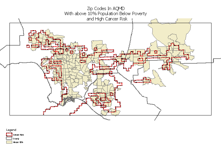 MATES II map indicating 1,000-in-one-million risk areas with poverty level >10% graphic