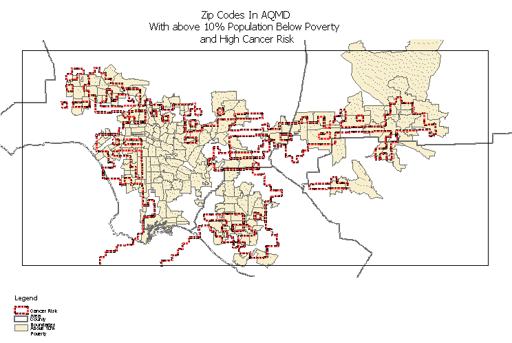 MATES II map indicating 1,000-in-one-million risk areas with poverty level >10% graphic